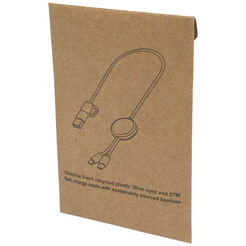 Chechia 5-in-1 recycled plastic 30 cm data sync and 27W fast charge cable with bamboo details