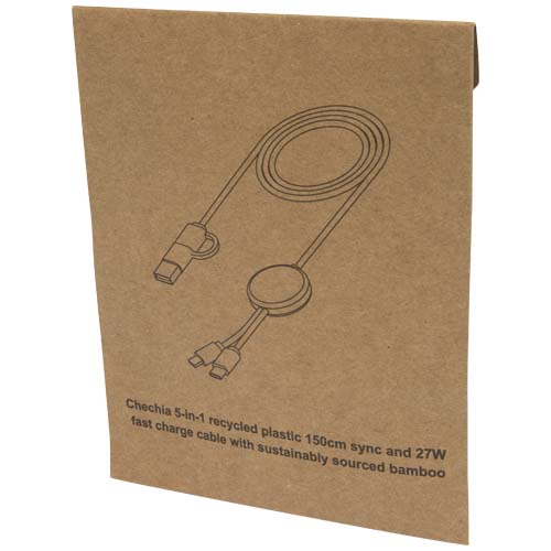 Chechia 5-in-1 recycled plastic 150 cm data sync and 27W fast charge cable with bamboo details